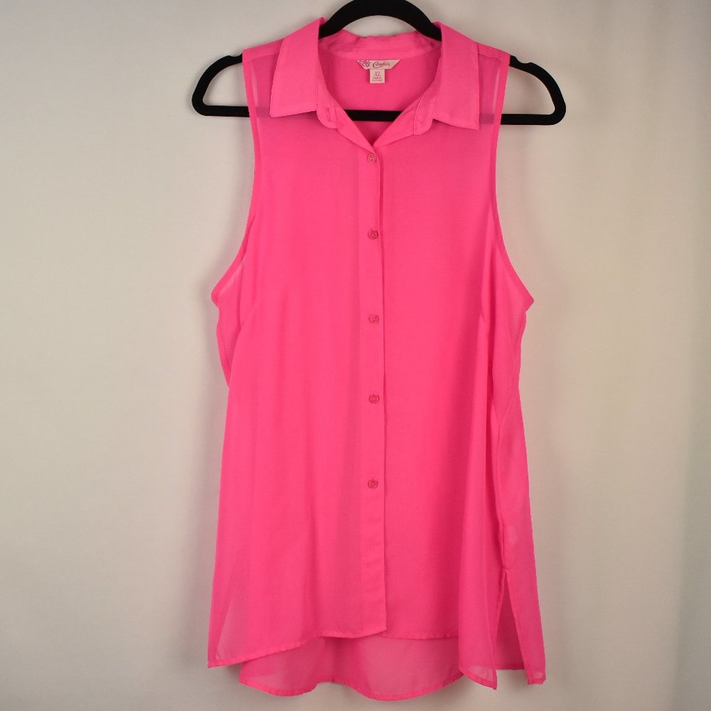 Candies Juniors Hot Pink Sheer Collar Sleeveless Button Down Blouse Size XL